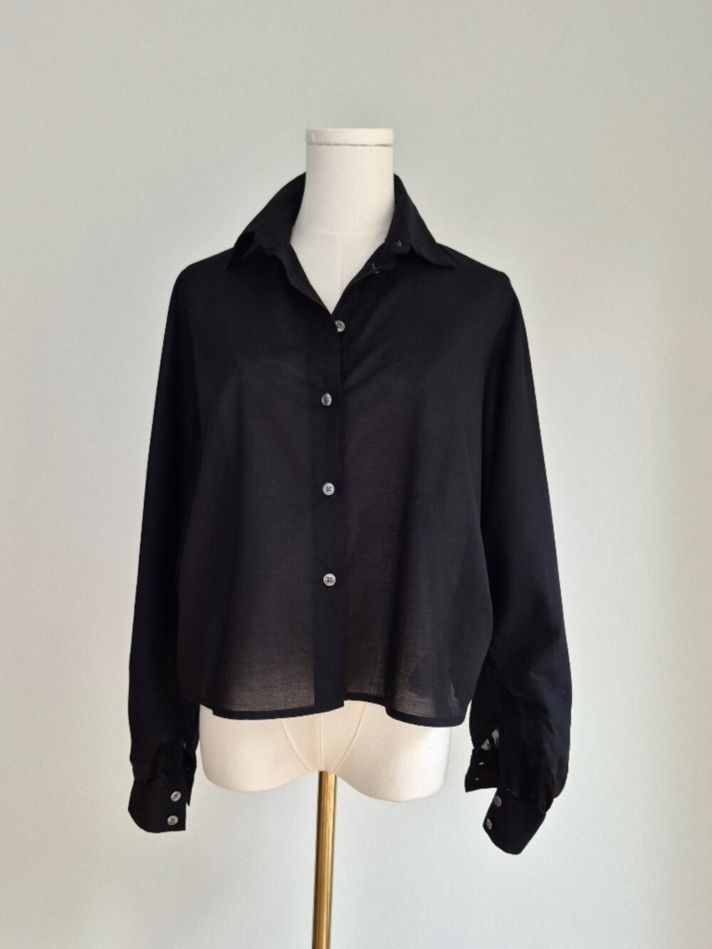 Black button-down shirt with dolman sleeves, XS